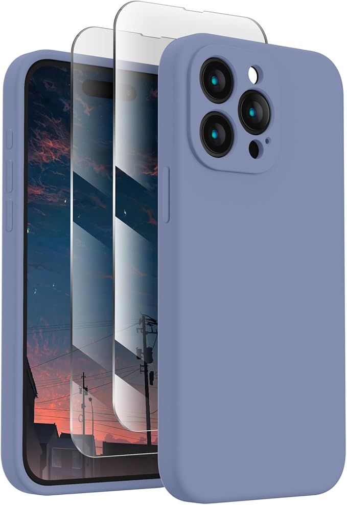 FireNova Designed for iPhone 15 Pro Max Case, Silicone Upgraded [Camera Protection] Phone Case with [2 Screen Protectors], Soft Anti-Scratch Microfiber Lining Inside, 6.7 inch, Lavender Gray