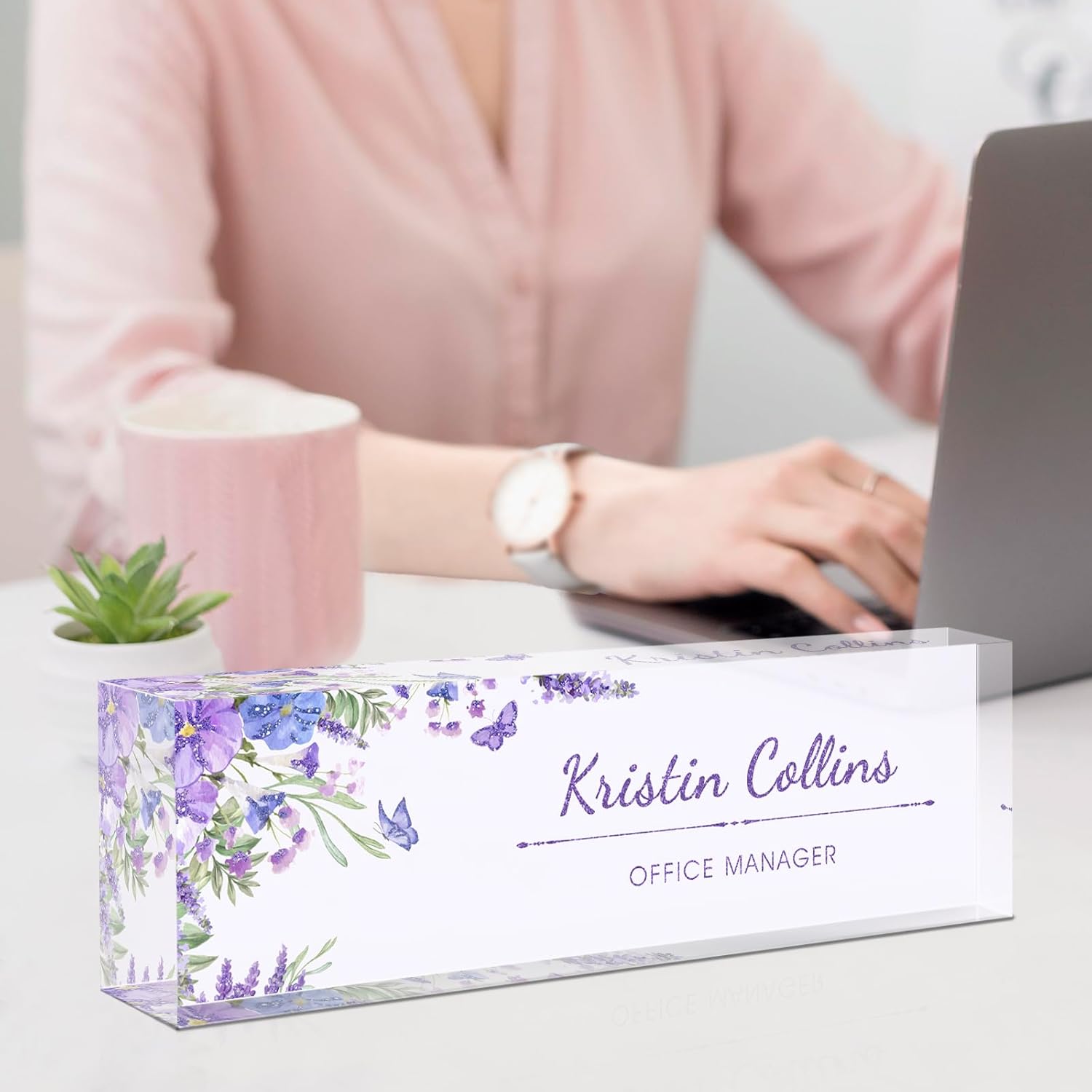 Custom Name Plate for Desk, Acrylic Office Decor For Women Men, Personalized Office Desk Accessories, Teacher Employee Appreciation Gifts For Social Worker Boss Coworkers (Morning Glory)