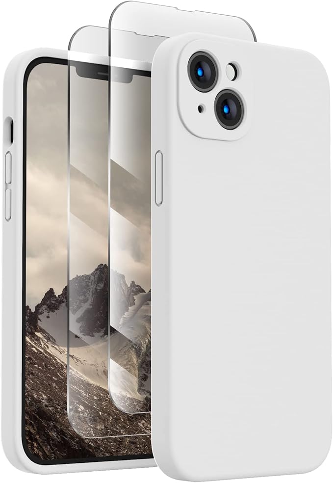 FireNova Designed for iPhone 14 Case, Silicone Upgraded [Camera Protection] Phone Case with [2 Screen Protectors], Soft Anti-Scratch Microfiber Lining Inside, 6.1 inch, White