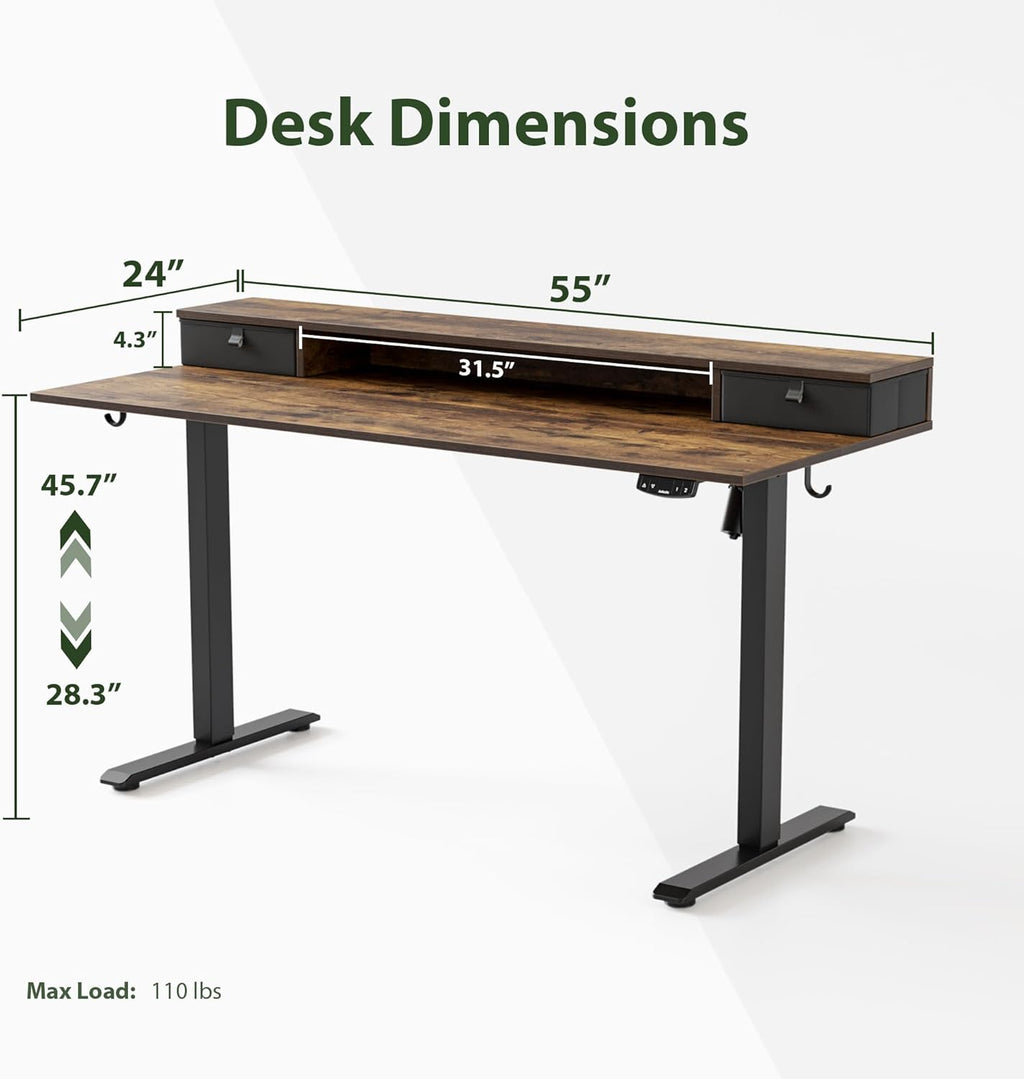 Agilestic 55 x 24 Inches Height Adjustable Electric Standing Desk with 2 Drawers, Stand Up Electric Desk Adjustable Height, Sit Stand Computer Gaming Table with Splice Board, Rustic Brown