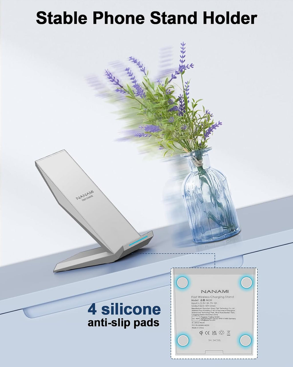 Fast Wireless Charger, NANAMI Qi Certified Wireless Charging Stand Compatible iPhone 17/17 Air/16/16 Plus/15/14/13/12, Desktop Charger for Samsung Galaxy S25/S24/S23/S22/S21 and Qi-Enabled Phone