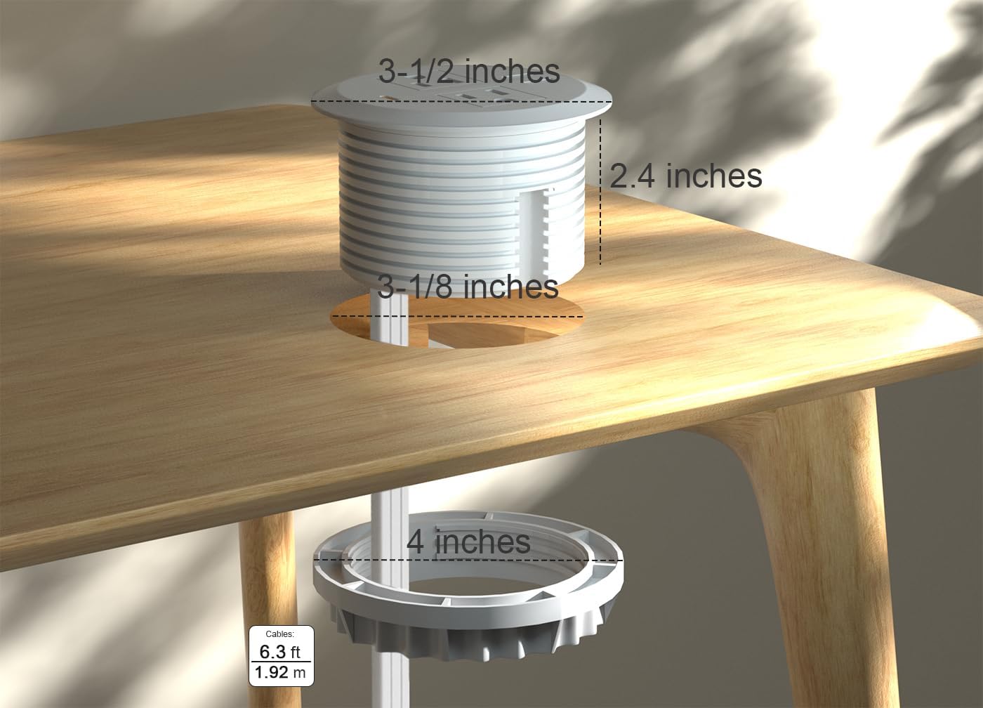 Desktop Power Grommet,Dual PD20W USB C,40W Total Output,4 USB Ports,Flush Mounted for 3-1/8" Desk Grommet Holes,Round Recessed Outlet,ETL-Certified,Flat Plug,6.4 ft,White