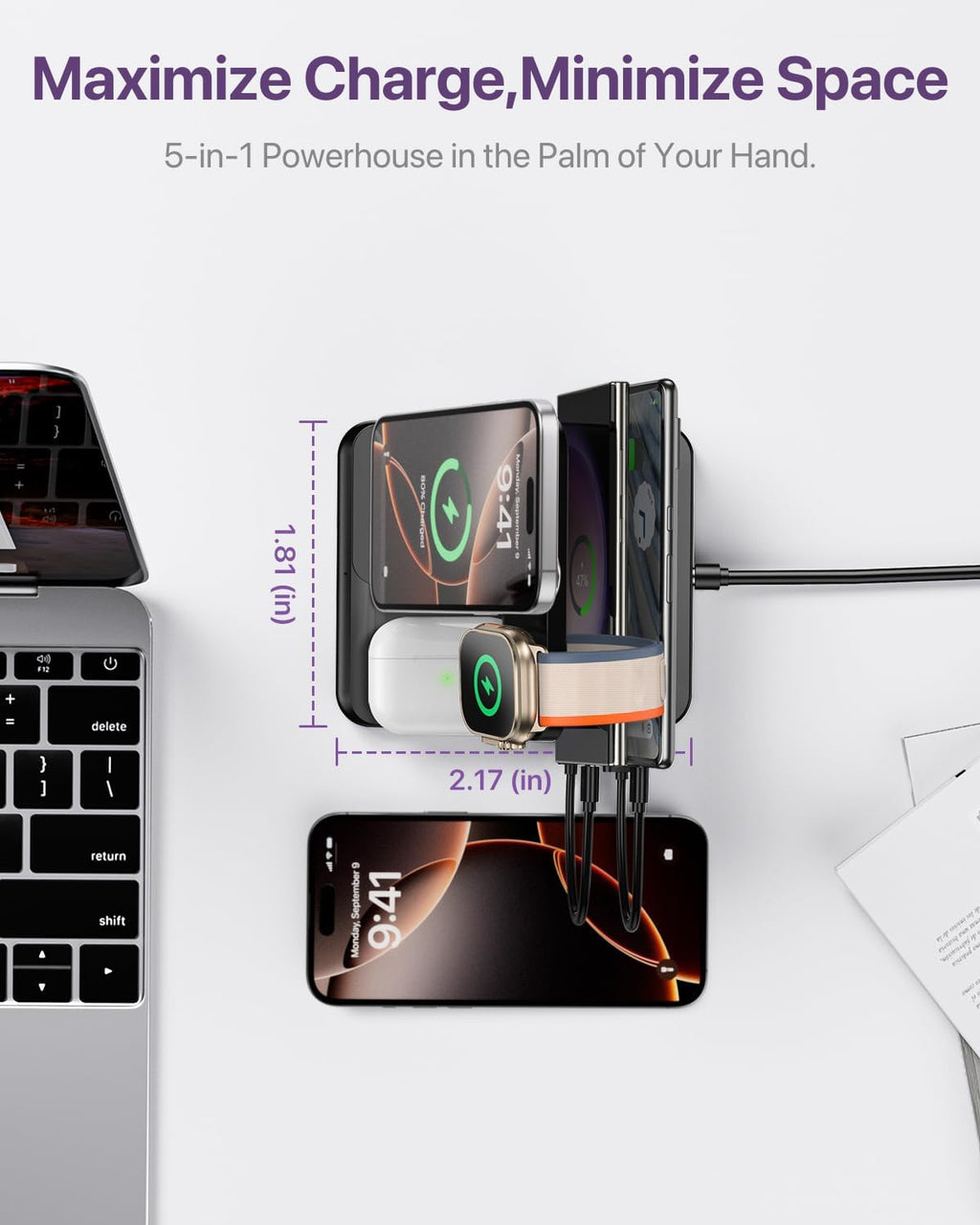 Intoval 5-in-1 Charging Station, for iPhones 17/17 Pro/17 Pro Max and Androids, iPad Pro/Air/Mini, Apple Watch 11/Ultra 3/Ultra 2/Ultra/10/9/SE, Wireless Charging Dock for Multiple Devices (Lavender)