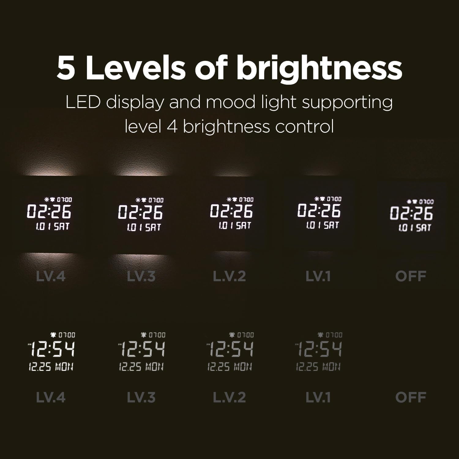 mooas Wooden Frame LED Silent Wall Clock with Remote, Backlit Nightlight, Modern Digital LED Wall Clock Display Sunrise Alarm Melody 5 Brightness for Bedroom Living Room (Wooden Frame Light Brown)