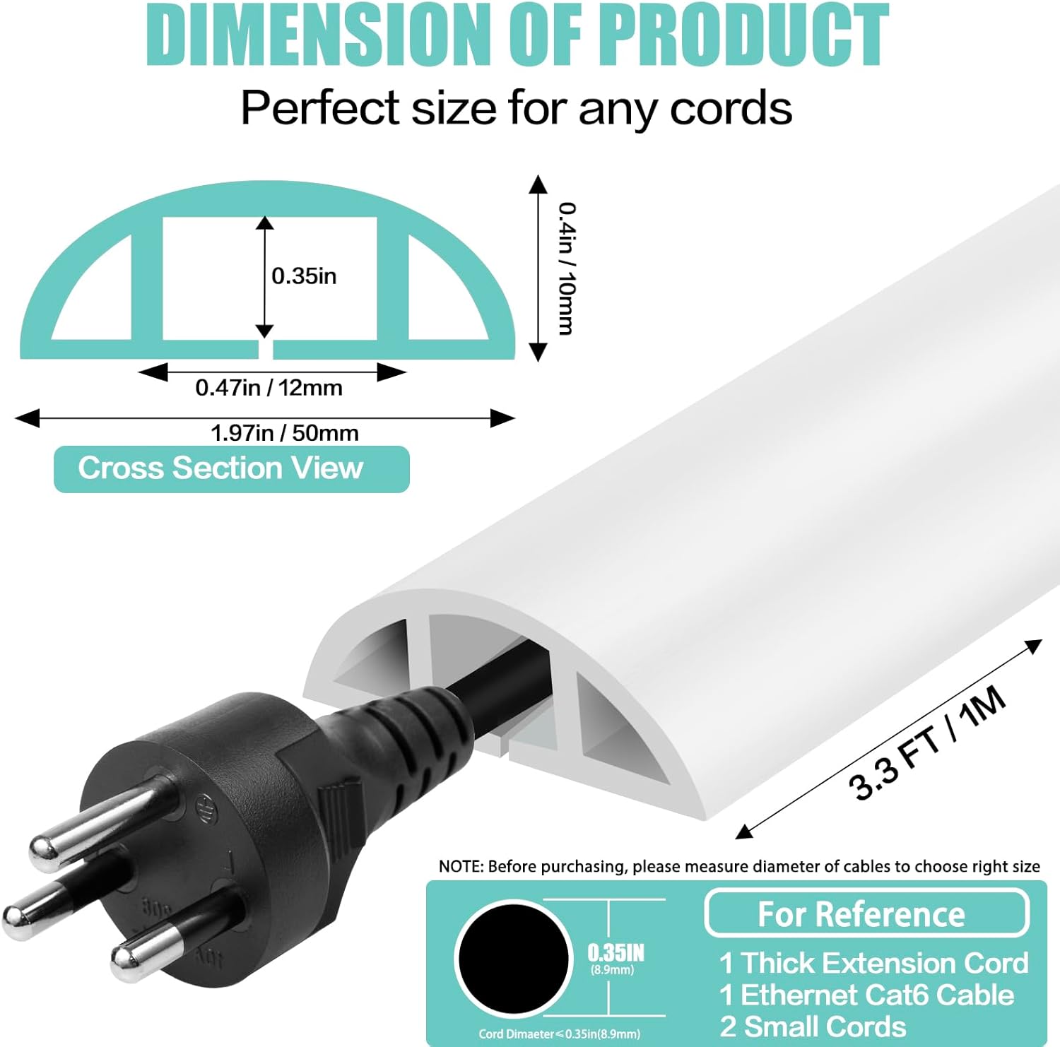 Floor Cord Cover Self Adhesive Cord Hider,3.3FT Cable Management, Extension Strip Protector for Wires, Prevent Cable Trips for Offices, Gyms, Exhibitions Cavity:0.47"(W) x 0.35"(H) White