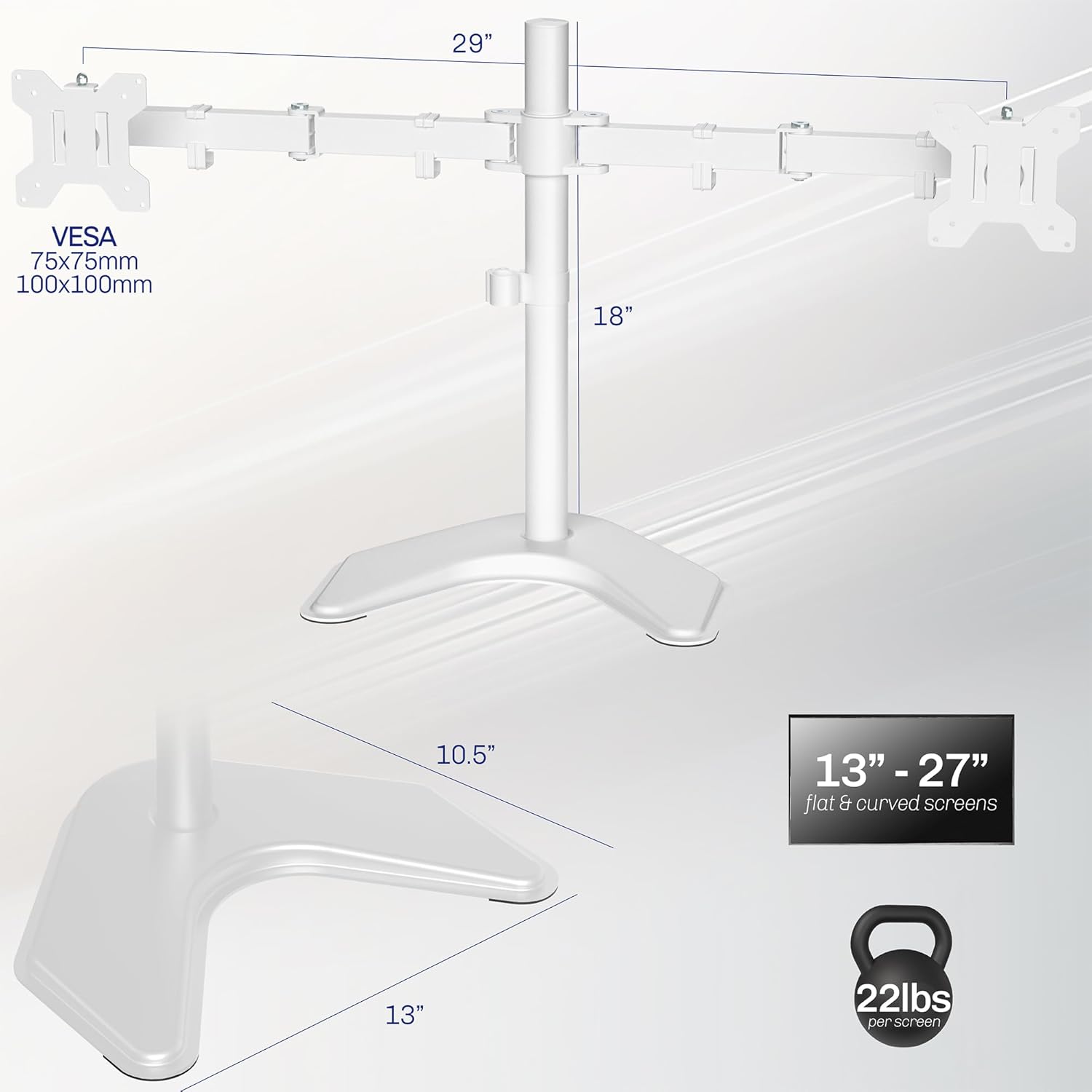 VIVO Dual LED LCD Monitor Mount, Free-Standing Desk Stand for 2 Screens up to 27 Inch, Fully Adjustable Arms with Max VESA 100x100mm, Extra Large Base, White, STAND-V002FW