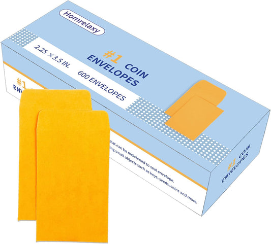 #1 600 Pcs Small Coin Envelopes 2.25" x 3.5" with Gummed Flap, Yellow Kraft Mini Envelopes for Storing Keys, Stamps, Seeds, Tips and Small Items (600)