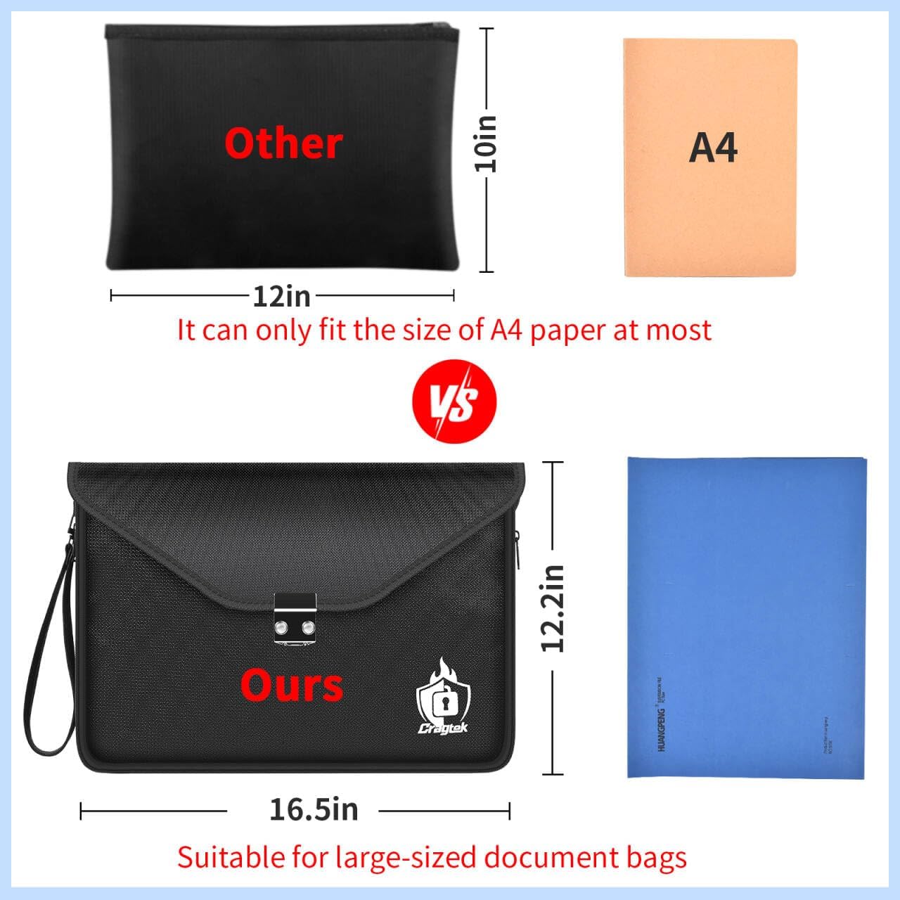 Fireproof Document Bag with Lock, 6400℉ Large Fire proof Money Bag (16.5"x12.2") for Cash Documents Organizer Safe, 12-Layers Waterproof Zipper Holder Protects Passport, Important Documents, Valuables