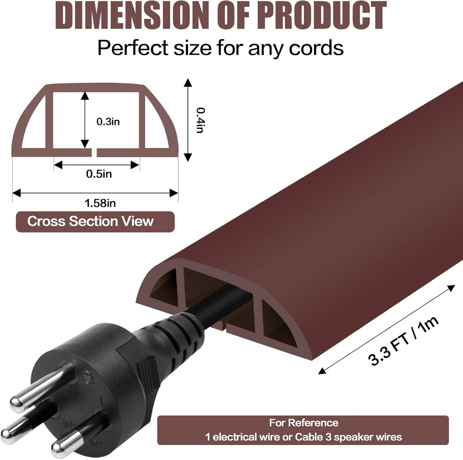 Floor Cord Cover Self Adhesive Cord Hider,3.3FT Cable Management, Extension Strip Protector for Wires, Prevent Cable Trips for Offices, Gyms, Exhibitions Cavity:0.51"(W) x 0.3"(H) Coffee