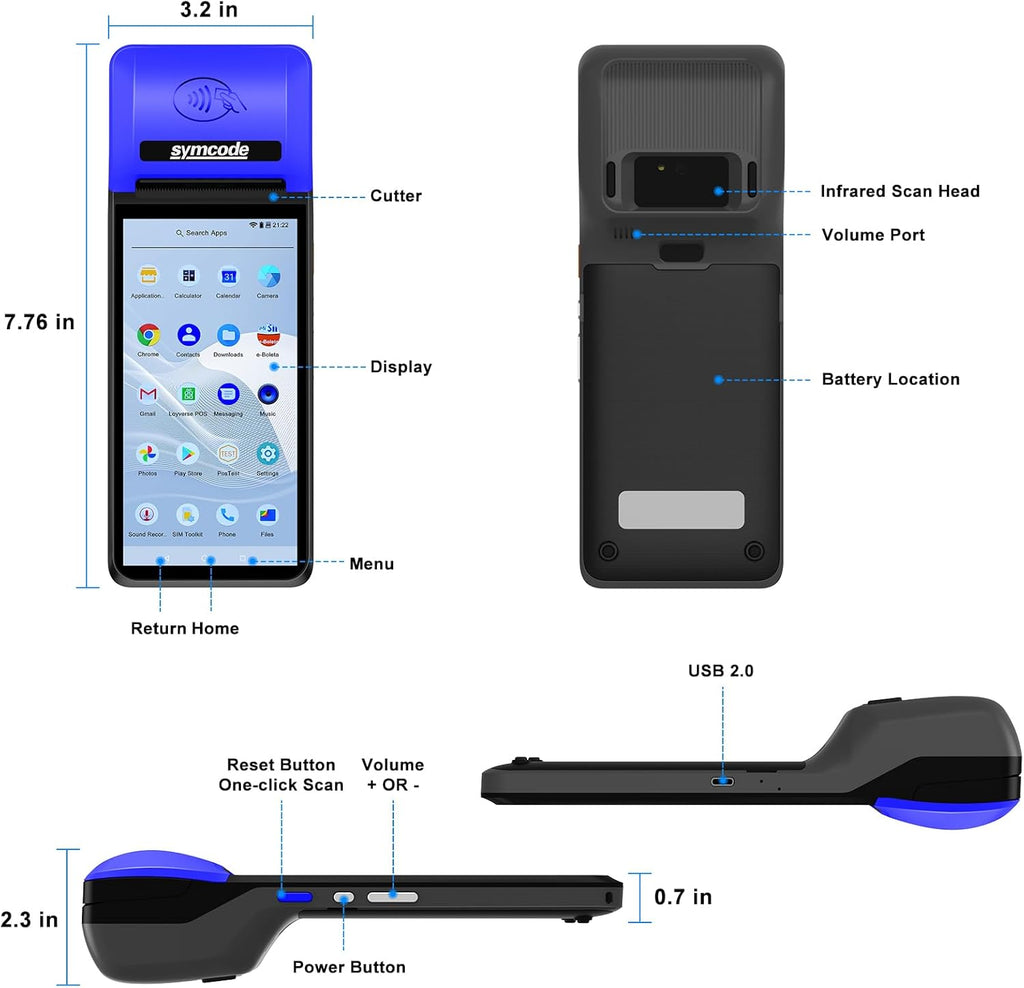 symcode POS PDA Mobile POS Machine Terminal Thermal Receipt Printer 5.99" High Resolution and Clear Touch Screen Handheld PDA Printer Android 8.1 OS Built-in Google Play and NFC