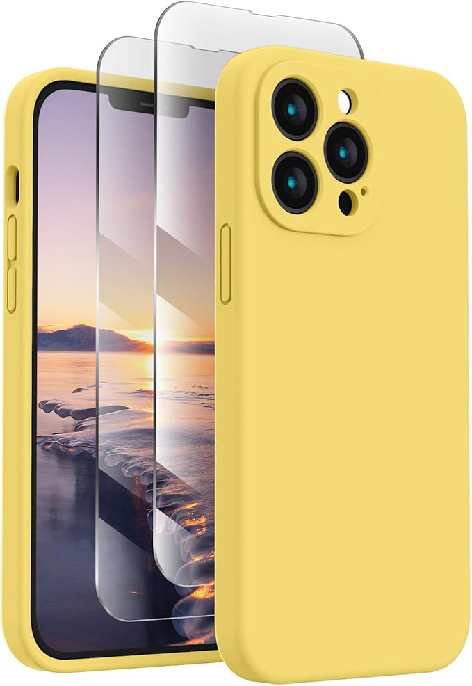 FireNova Designed for iPhone 13 Pro Max Case, Silicone [Camera Protection] Phone Case with [2 Screen Protectors], Soft Anti-Scratch Microfiber Lining Inside, 6.7 inch, Yellow