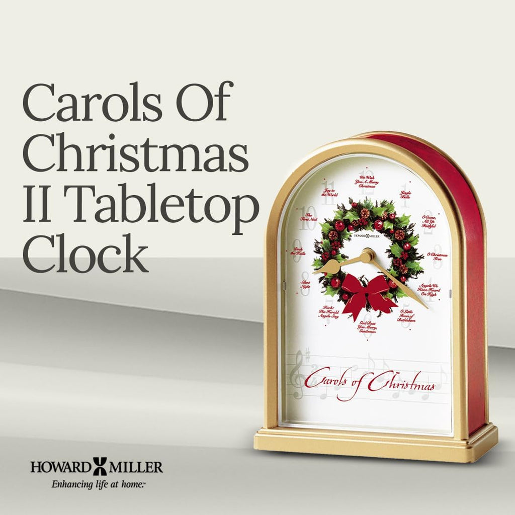 Howard Miller Carols of Christmas II Tabletop Clock – Exclusive Satin Brass Holiday Decor & Chiming Christmas Music Clock with 12 Classic Carols Festive Wreath Design Battery Operated Home Decor