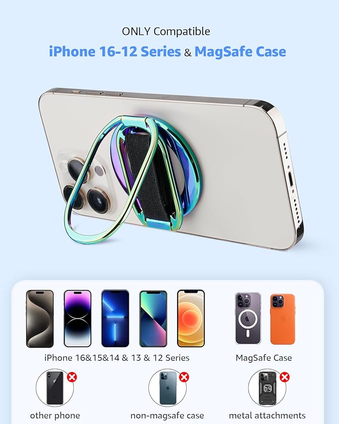 [2025 Upgraded] SUPERONE for MagSafe Phone Grip for MagSafe Kickstand Compatible with Mag Safe Finger Loop, 4-in-1 Phone Ring Holder Strap for iPhone 16/15/14/13/12 Series and Mag Safe Case - Colorful
