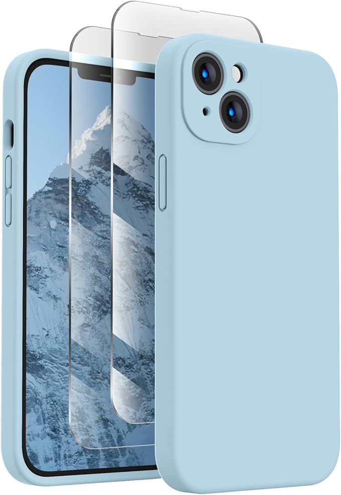 FireNova Designed for iPhone 13 Case, Silicone Upgraded [Camera Protection] Phone Case with [2 Screen Protectors], Soft Anti-Scratch Microfiber Lining Inside, 6.1 inch, Sky Blue