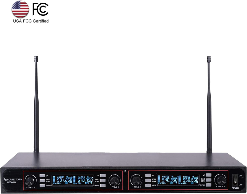 Sound Town 200-Channel Rack Mountable Professional Adjustable UHF Wireless Microphone System with Metal Receiver and 4 Handheld Mics (NESO-U4HH)