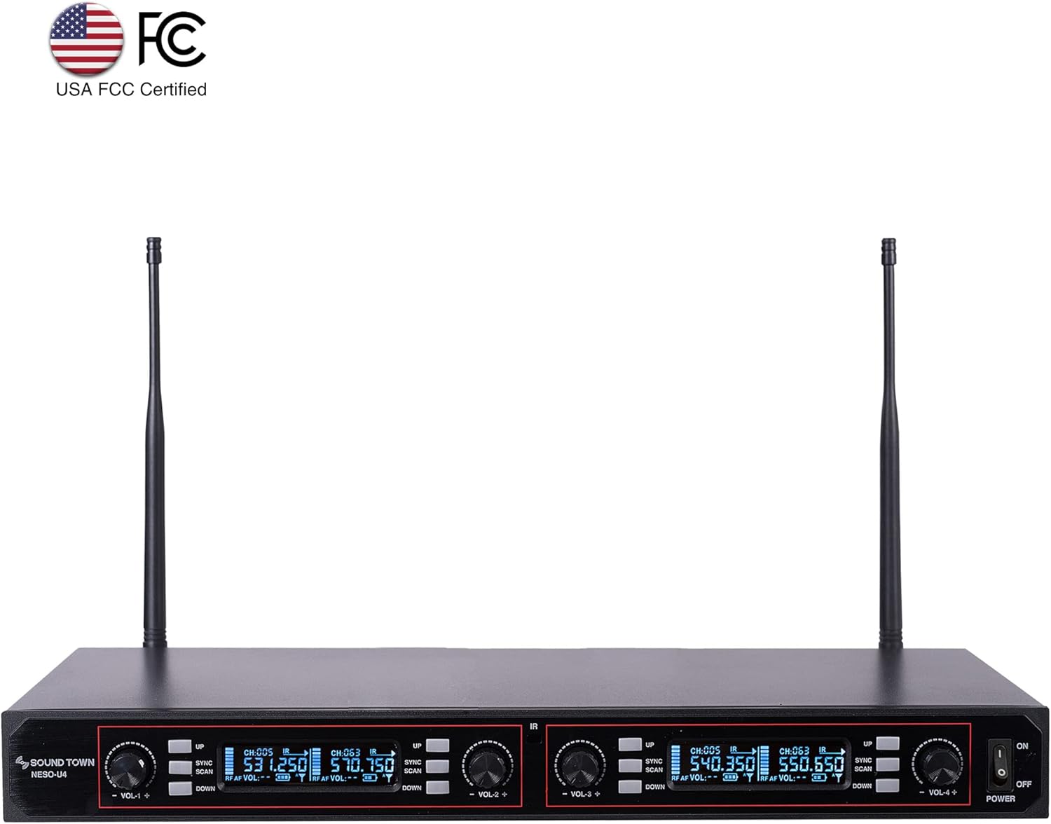 Sound Town 200-Channel Rack Mountable Professional Adjustable UHF Wireless Microphone System with Metal Receiver and 4 Handheld Mics (NESO-U4HH)