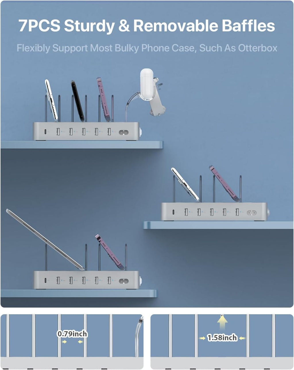 SooPii 60W 6-Port PD Charging Station for Multiple Devices, 20W PD USB C Fast Charging for lPhone 14/13/12,6 Short Cables Included, 2 in 1 Holder,for Phones,Tablets and Others