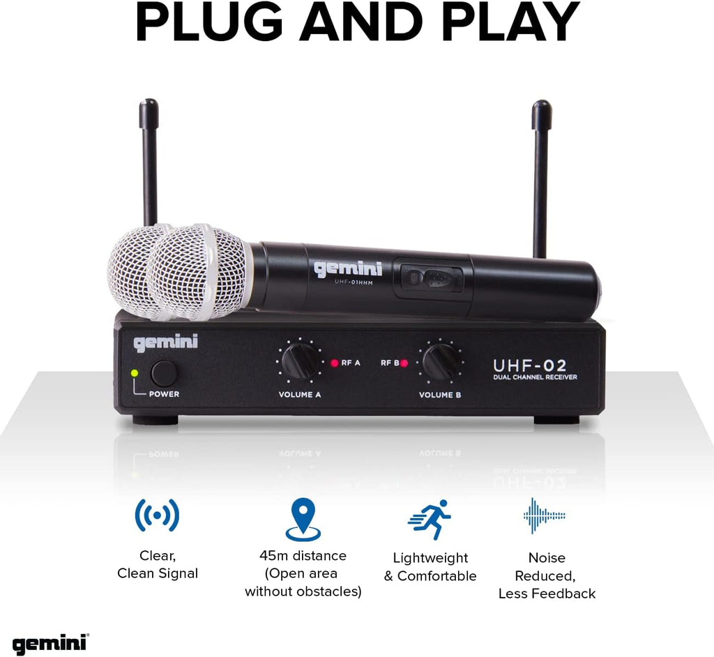 Gemini UHF-02M S12 Dual Wireless Handheld Microphone System - Ch 1 & 2 - DJ, Karaoke, and Podcasting Mic Set