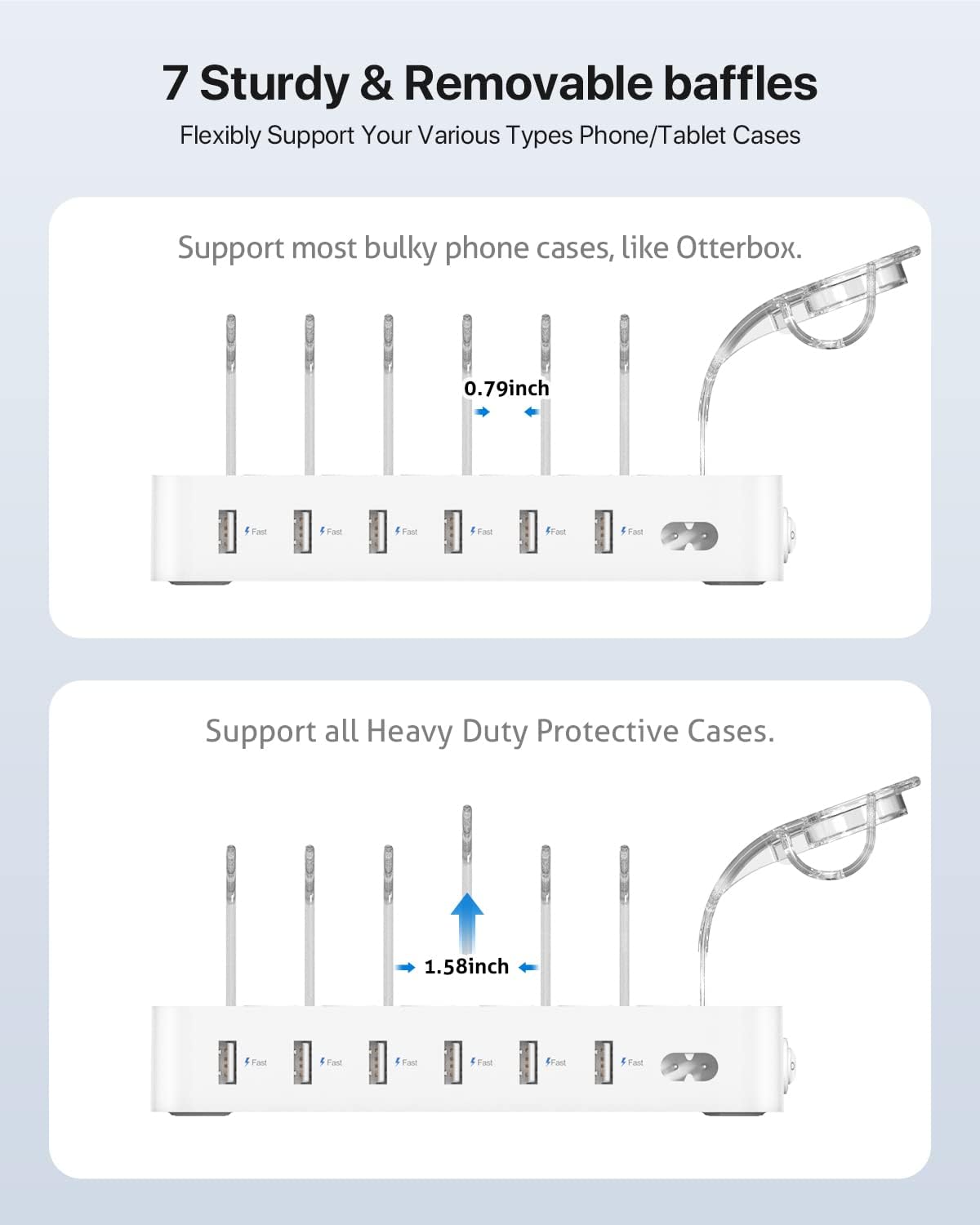 SooPii Premium 6-Port USB Charging Station Organizer for Multiple Devices, 6 Short Charging Cables and One Upgraded i-Watch Charger Holder Included, for Phones, Tablets, and Other Electronics, White
