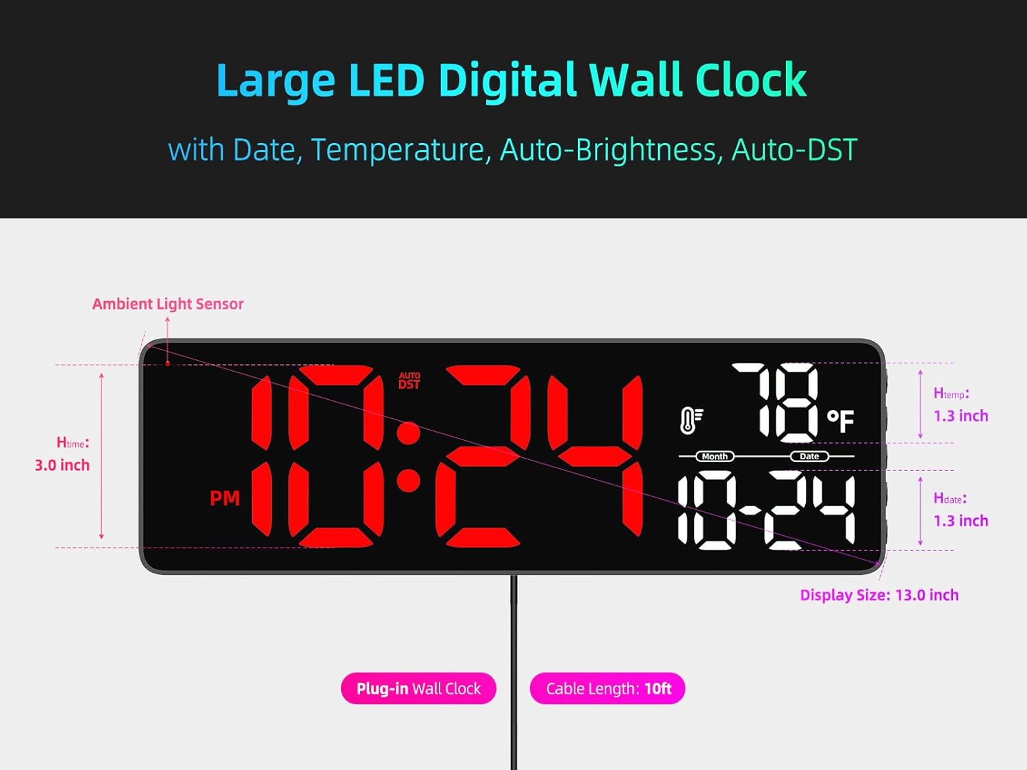 Large LED Digital Wall Clock with Date, Temperature, Auto-Brightness, Auto-DST | Big Digital Clock for Bedroom, Desk, Classroom, Living Room, Kitchen, Office, Gym, Farmhouse, Xmas Gift for Seniors