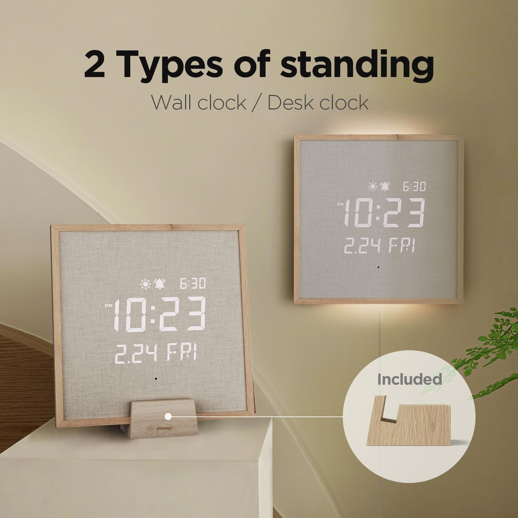 mooas Wooden Frame LED Silent Wall Clock with Remote, Backlit Nightlight, Modern Digital LED Wall Clock Display Sunrise Alarm Melody 5 Brightness for Bedroom Living Room (Wooden Frame Light Brown)