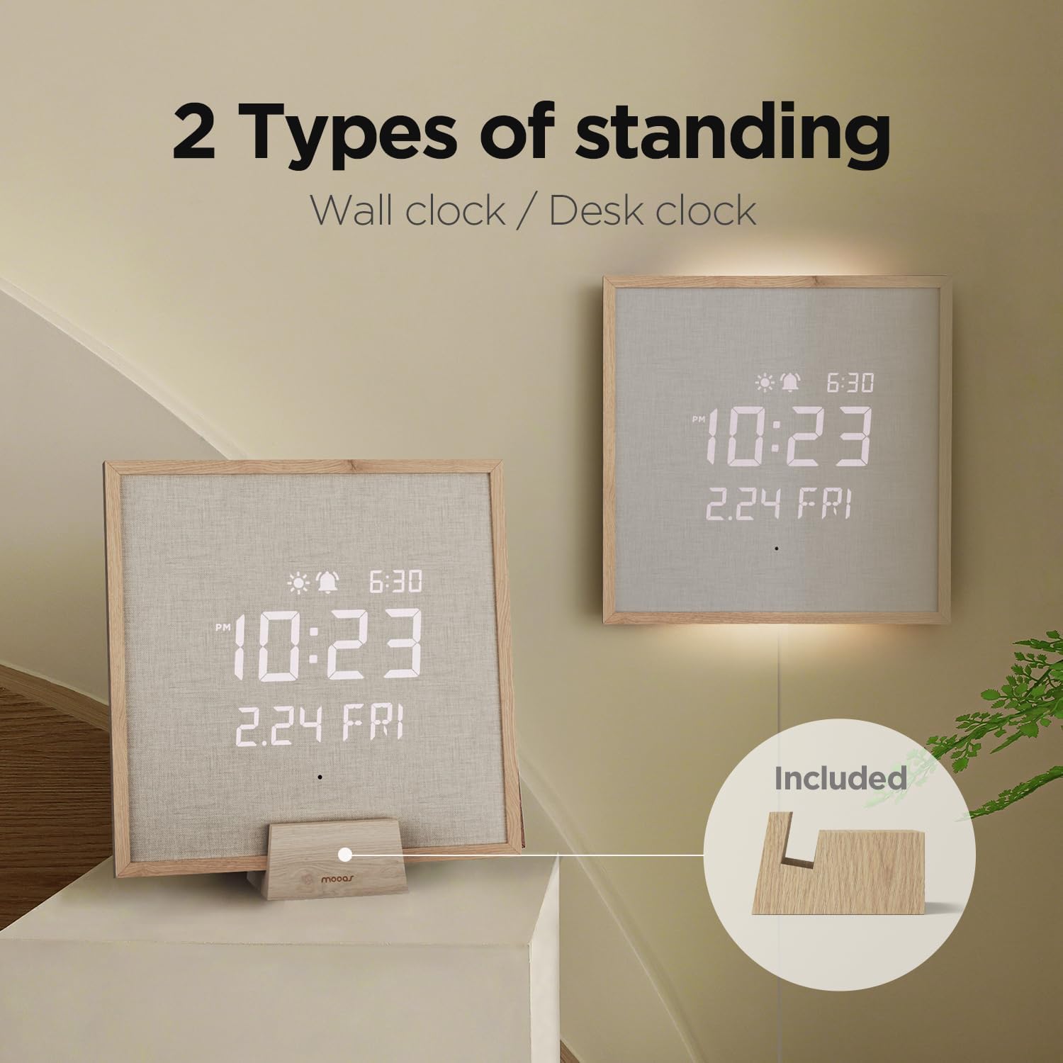 mooas Wooden Frame LED Silent Wall Clock with Remote, Backlit Nightlight, Modern Digital LED Wall Clock Display Sunrise Alarm Melody 5 Brightness for Bedroom Living Room (Wooden Frame Light Brown)