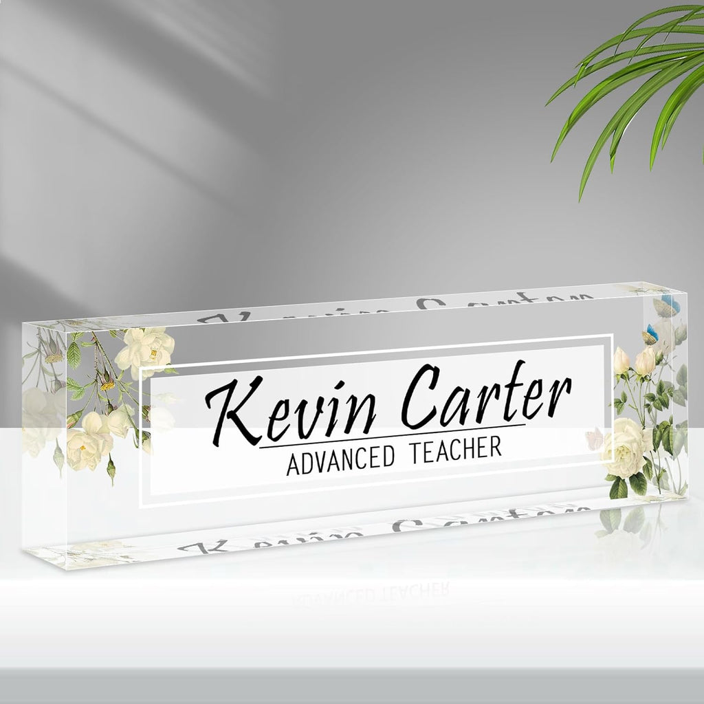 Name Plate for Desk Personalized, Acrylic Desk Decorations, Employee Appreciation Gifts, Custom Office Gifts for Coworkers, Boss, Teacher, Nurse (White Flowers)