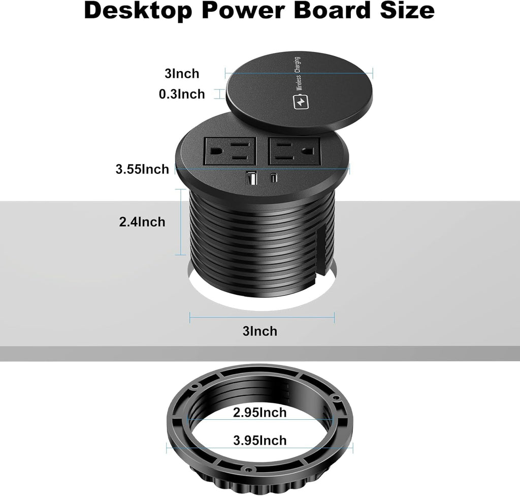 3 Inch Desk Power Grommet with 15W Wireless Charger, 20W USB-C Fast Charging Countertop Grommet Recessed Mount Power Outlet, with AC Outlets and 6ft Extension Cord