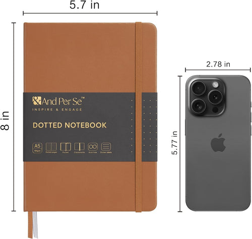 &And Per Se Dotted Journal Notebook, A5 Hardcover Leather Journal, 160 Pages 100 gsm Thick Dotted Paper，3 Sheets of Stickers Included - 5.7'' x 8''(Light Brown)