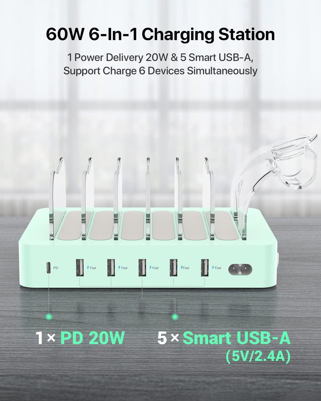 SooPii 60W/12A 6-Port Charging Station for Multiple Devices, PD 20W USB C Fast Charging for lPhone 14/13/12,6 Short Cables Included, 2 in 1 Holder,for Phones,Tablets and Others