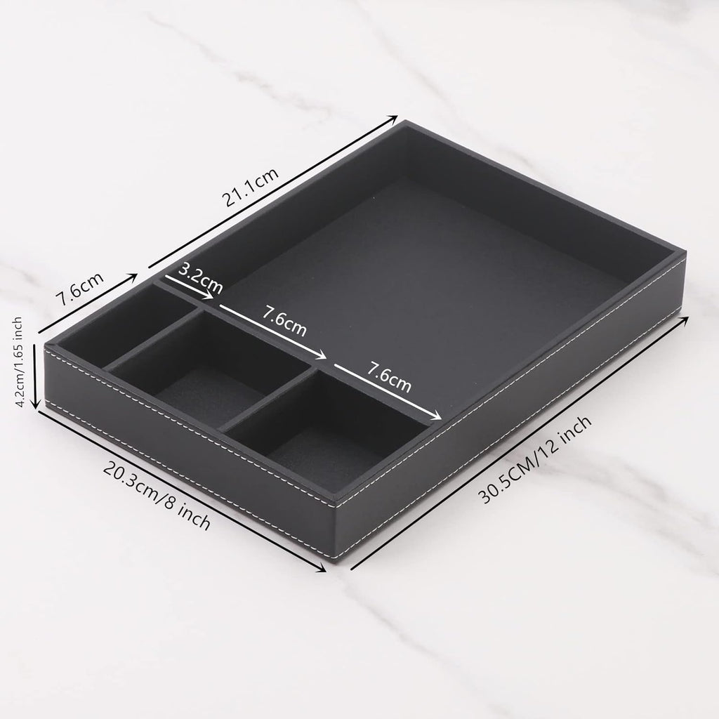 Guestroom Decoration Tray, Nightstand or Dresser Organizer, Valet Tray, 4 Compartment PU Leather Drawer Storage Organizer