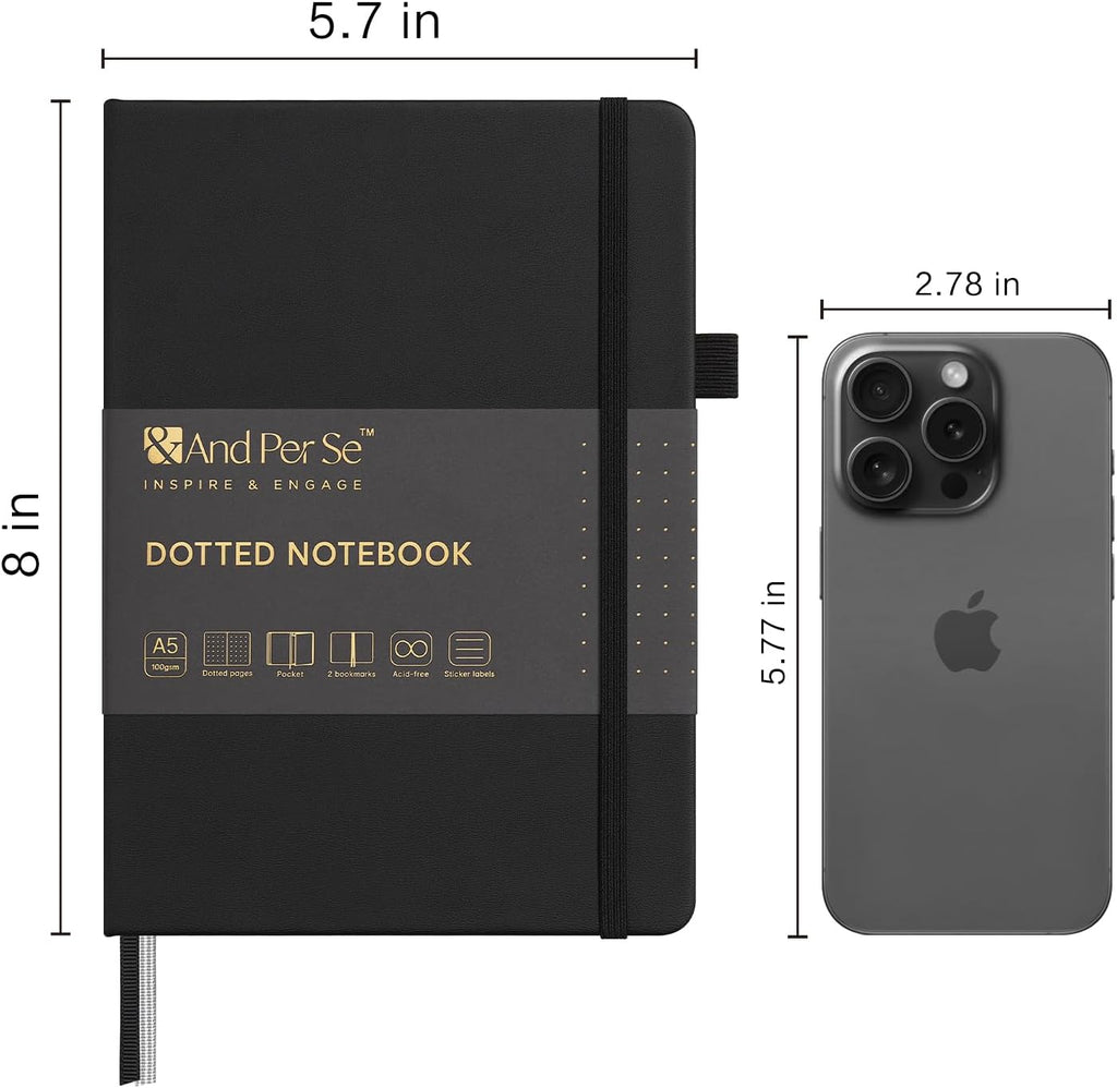 &And Per Se Dotted Journal Notebook, A5 Hardcover Leather Bullet Dotted Journal, 160 Pages 100 gsm Thick Dotted Paper，3 Sheets of Stickers Included (Black)