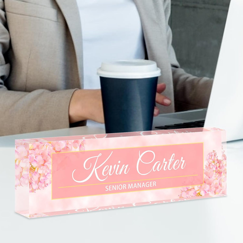 Name Plate for Desk Personalized, Acrylic Desk Decorations, Employee Appreciation Gifts, Custom Office Gifts for Coworkers, Boss, Teacher, Nurse (Pink Hydrangeas)