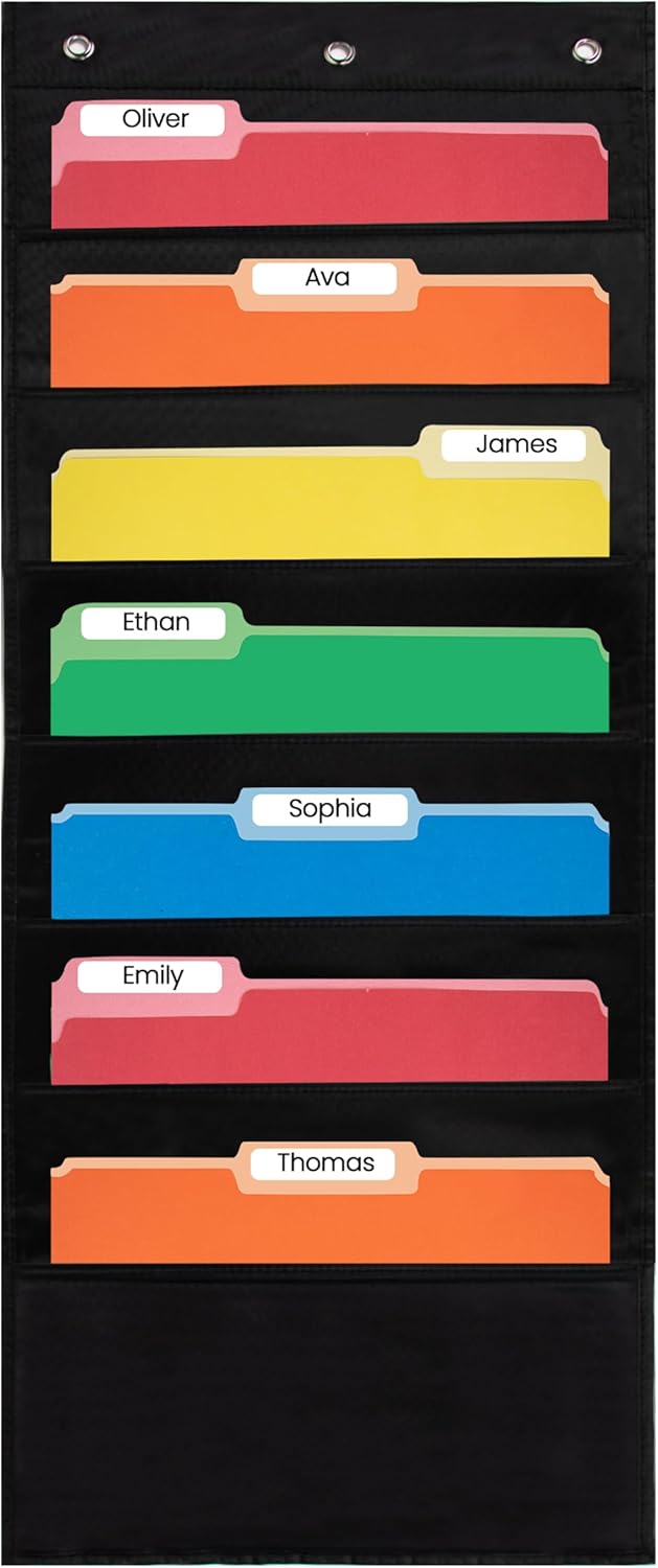 Essex Wares - 7 Pocket File Pocket Chart, Black, Tall - Versatile Wall Hanging File Folder Organizer for Classroom, Office, Home, and More - Wall Folder Organizer - 7 Pockets