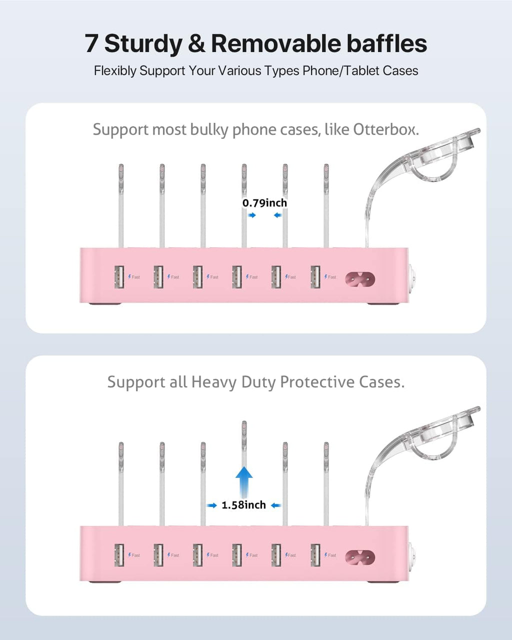 SooPii Premium 6-Port USB Charging Station Organizer for Multiple Devices, 6 Short Charging Cables and One Upgraded i-Watch Charger Holder Included, for Phones,Tablets and Other Electronics, Pink