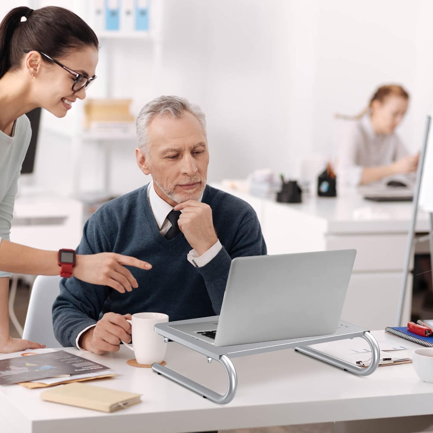 suptek Monitor Stand Riser, Laptop Holder Printer Riser Desk Accessories, Vented Metal Platform and 4 inches Height Underneath Storage for Office Supplies (MST004S-2), 2 Pack, Silver