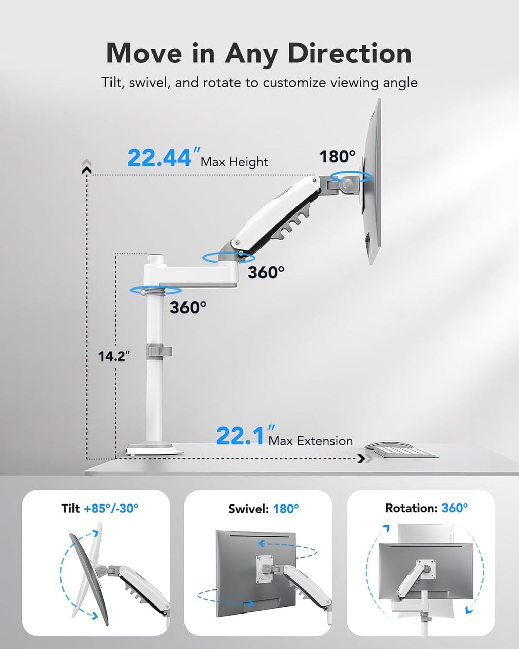 HUANUO Single Monitor Arm, Adjustable Desk Mount for 13-34 inch Screens, Holds 19.8lb, 22.44 inch Max Height, Full Motion Swivel Monitor Stand with VESA 75x75mm and 100x100mm, White
