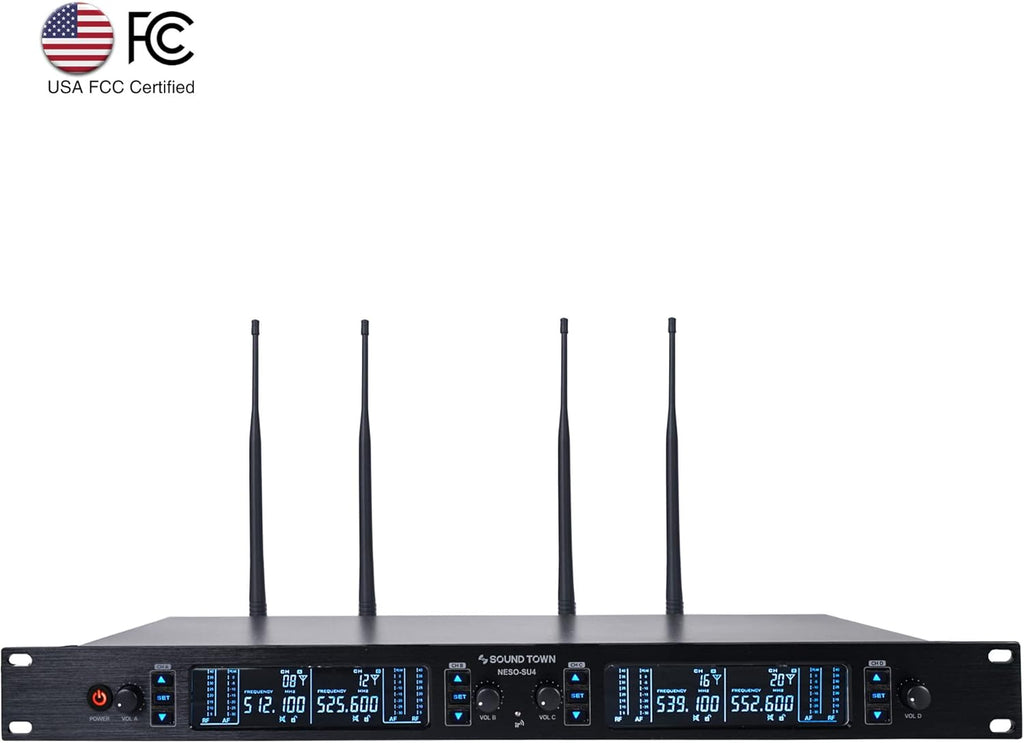 Sound Town 200 Channels Adjustable UHF Wireless Microphone System with Metal Receiver, 4 Handheld Mics and Auto Scan, for Church, School, Outdoor Wedding, Meeting, Party and Karaoke (NESO-SU4HH)