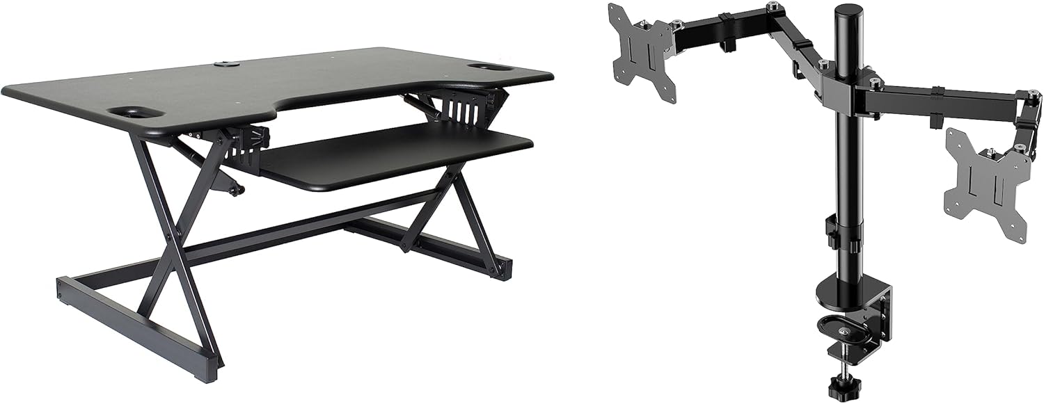 Rocelco 46" Large Height Adjustable Standing Desk Converter with Double Monitor Mount Arm BUNDLE - Quick Sit Stand Up Computer Workstation Riser - Retractable Keyboard Tray - Black (R DADRB-46-DM2)