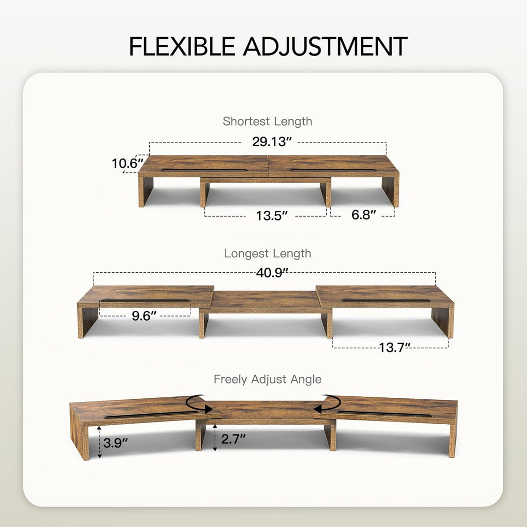 AMERIERGO Dual Monitor Stand Riser- 3 Shelf Screen Stand with Adjustable Length and Angle, 2 Extra Functional Slot Desktop Organizer Stand for PC, Computer, Laptop (Rustic Brown)