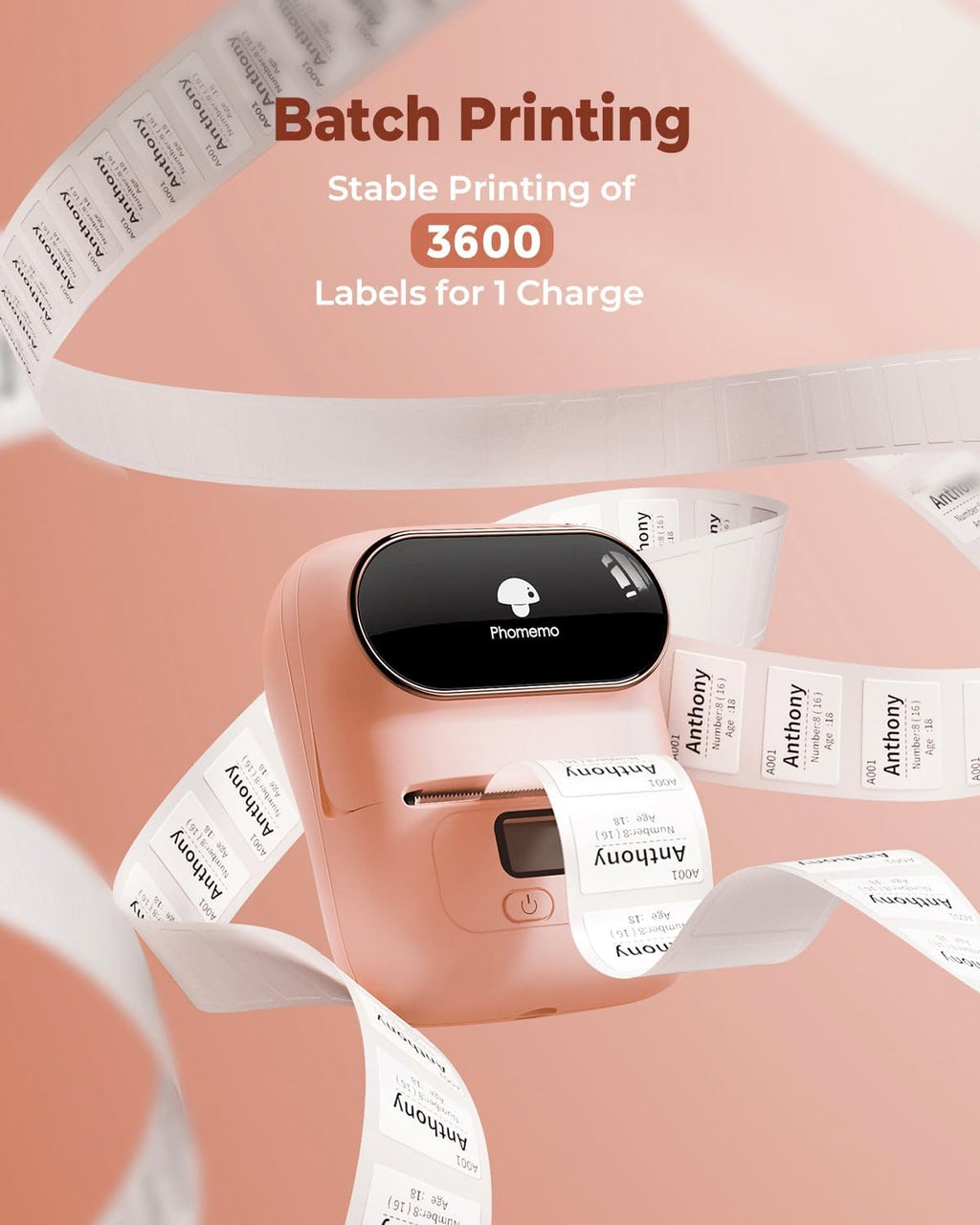 Phomemo Label Printer M110 Upgraded Label Maker Bluetooth No Ink Portable for Small Business, Address, Office, Home for Phone; for PC/Mac(USB), with 100 Labels, Baby Pink