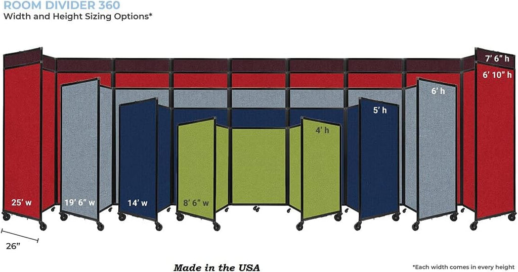 Versare Room Divider 360 Portable Wall Partition | Folding Panels | Large Freestanding Divider | Locking Wheels | Temporary Room Separator | 25' x 7'6'', Navy Blue