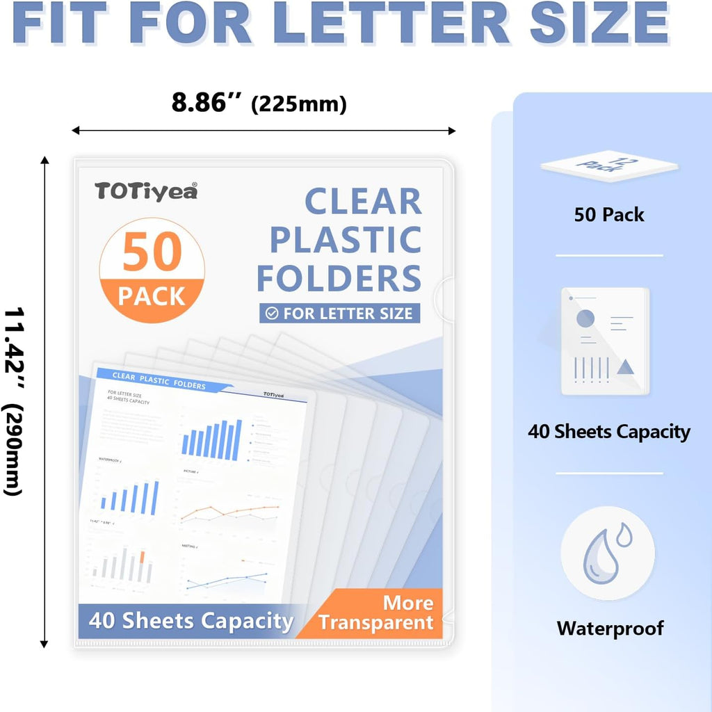 TOTiyea 50 Pack Clear Folder, Plastic L-Type Folders, Clear Copy Safe Project Pocket, Fits Letter Size 8.5x11 Paper, Transparent