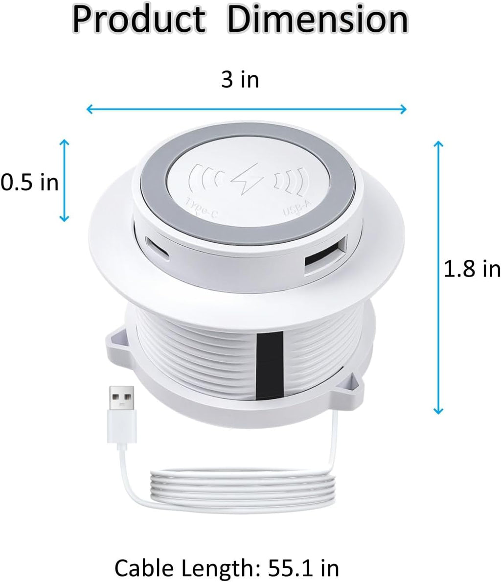 Desktop Charger, Pop up 15W Fast Retractable Desktop Charger, Invisible Charging Station with USB A and Type C Ports, Recessed Desktop Charging for Desk, Furniture - White (White)