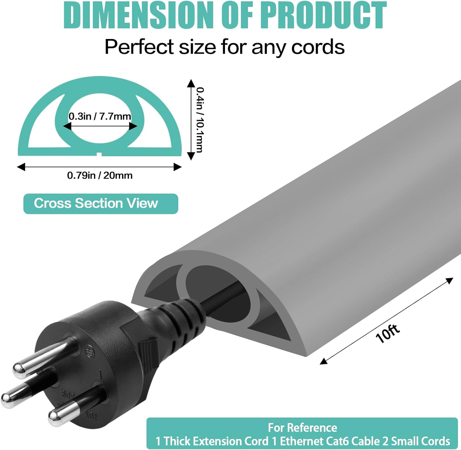Floor Cord Cover Self Adhesive Cord Hider,10FT Cable Management, Extension Strip Protector for Wires, Prevent Cable Trips for Offices, Gyms, Exhibitions Cavity:0.3"(W) x 0.28"(H) Gray