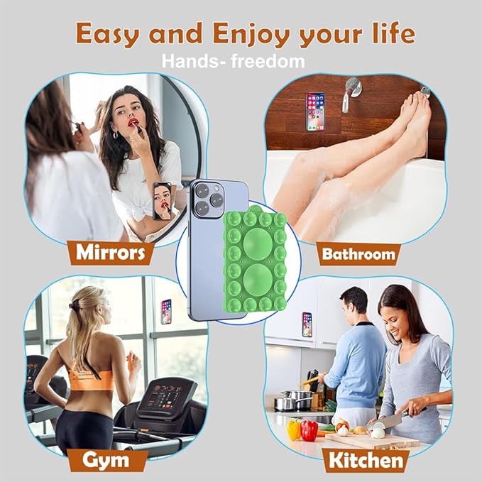 Silicone Suction Phone Holder Mount, Silicon Phone Accessory for iPhone and Android, Hands-Free Mirror Shower Mount, TikTok Videos and Selfies (Grass Green 2Pack, Double Sided)