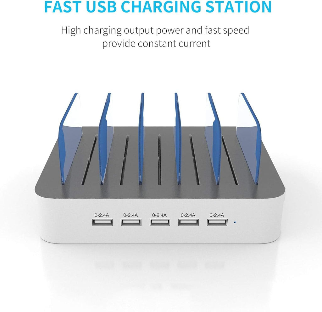 MSTJRY Charging Station for Multiple Devices : 5 Port Multi USB-A Charger Stations Multi-Device Organizer Charging Dock Designed for iPhone iPad Cell Phone Tablets (7 Short Cables Included)