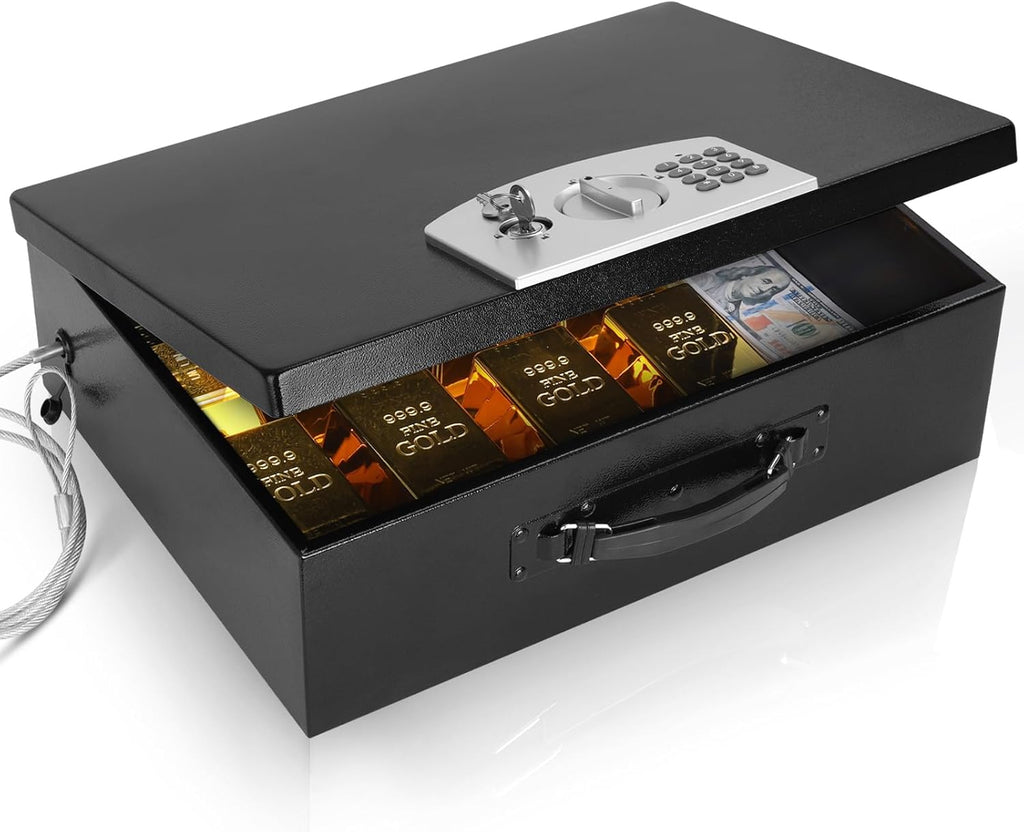 Dalmbox Portable Metal Safe Box with Digital Code Lock,Fire Resistant Storage for Documents, Fireproof Safe Box, Lock Box with Electronic Keypad, Car, Home, Office and Outside, Black XXL