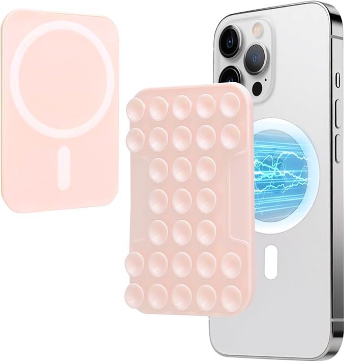 for MagSafe Suction Mount - 29 Silicone Suction Cup Phone Mount with Magnetic Phone Grip, for iPhone 12/13/14/15/16 Series, Hands-Free Sticky Grip for TikTok/Instagram, Light Pink