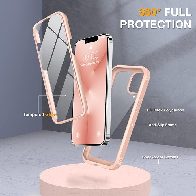 Miracase Glass Case for iPhone 13 Pro Max 6.7 inch, Upgrade Full-Body Clear Bumper Case with Built-in 9H Tempered Glass Screen Protector for iPhone 13 Pro Max, Pink